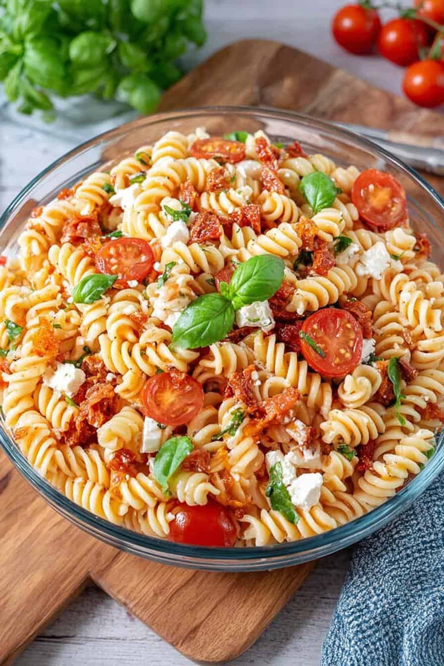 Mediterraner Nudelsalat mit Feta und getrockneten Tomaten